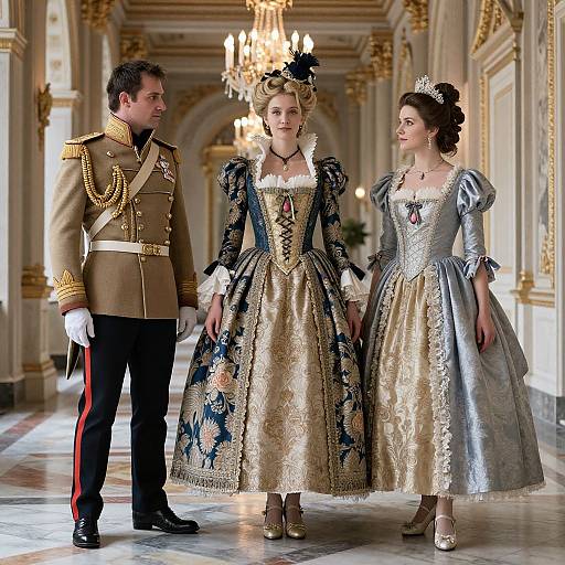 Photograph of a regal man in a military uniform standing between two women in elaborate, ornate 18th-century dresses, in an opulent