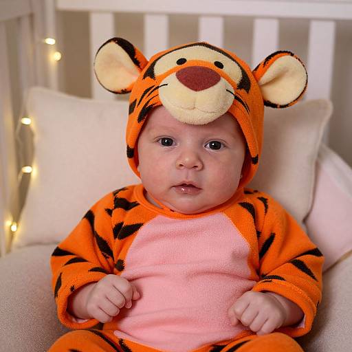 Photograph of a chubby baby with fair skin, wearing an orange tiger onesie with black stripes and a cute tiger hood, sitting on a white cushion