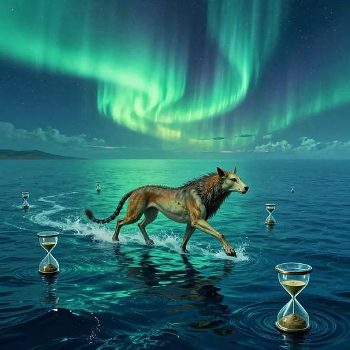 Digital art of a wolf running on a calm ocean, surrounded by hourglasses, under vibrant green and blue aurora borealis.