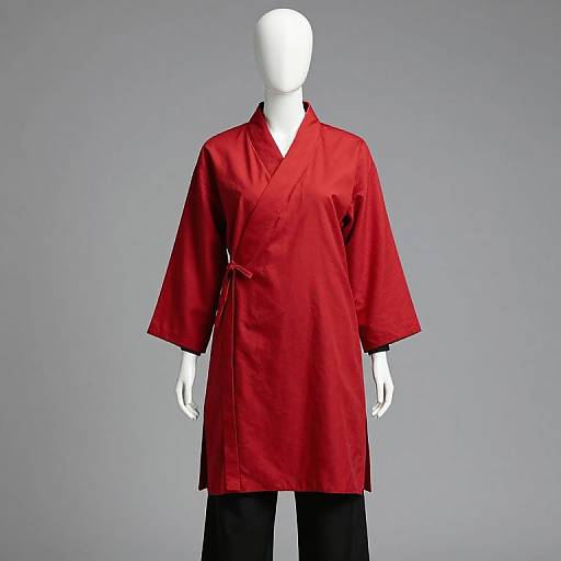 Photograph of a white mannequin wearing a vibrant red, short-sleeved kimono-style shirt with a V-neck, against a gray gradient