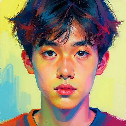 Digital portrait of an Asian teenage boy with short, tousled black hair, large brown eyes, and a neutral expression, set against a vibrant yellow and