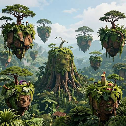 Digital fantasy artwork of lush, floating forest with treehouses shaped like human faces, surrounded by dense, vibrant greenery and misty sky.