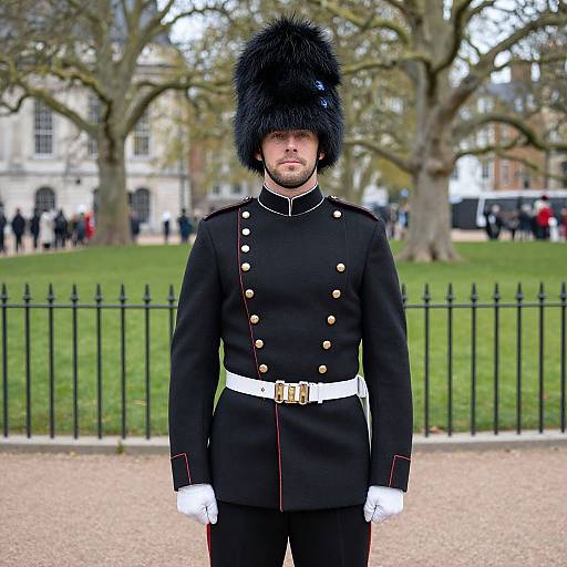 Photograph of a male soldier in black uniform with gold buttons, white belt, white gloves, and black fur hat, standing in a park with trees