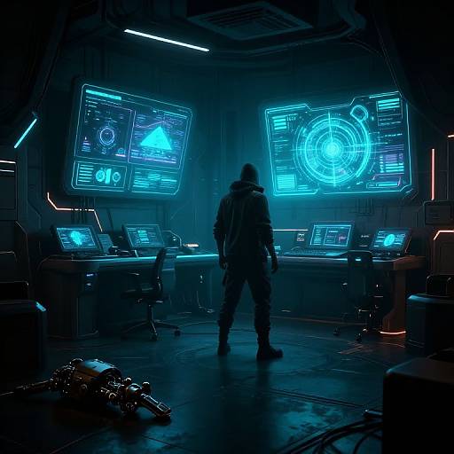Cyberpunk scene: Silhouetted figure stands in a dimly lit, futuristic control room with glowing blue holographic interfaces and numerous computer screens