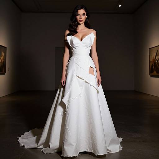 Photograph of a dark-haired woman in a white, off-shoulder, lace wedding gown with a cutout, standing in a dimly lit