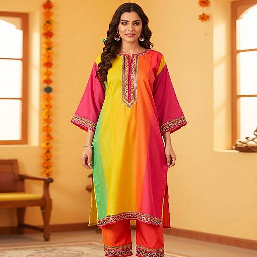 Photograph of an Indian woman with long black hair, wearing a vibrant gradient salwar kameez with pink, yellow, green, and orange,