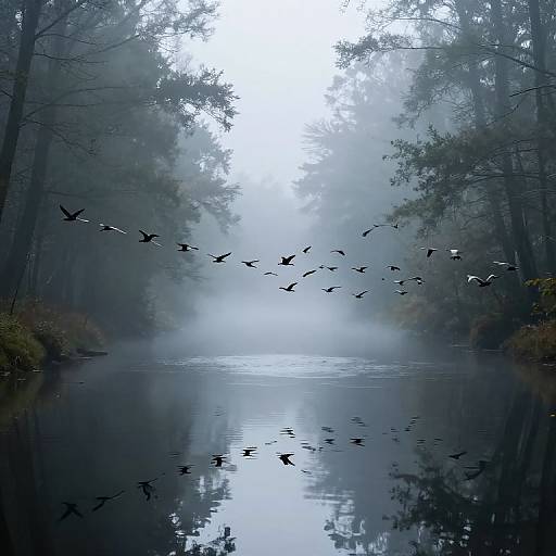 Misty forest lake photograph with a flock of birds flying over calm, reflective water, surrounded by tall, fog-covered trees.
