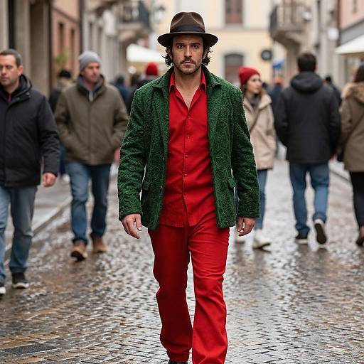 Photograph of a bearded man in a brown hat, green textured jacket, and bright red shirt and pants, walking on a wet, cobble