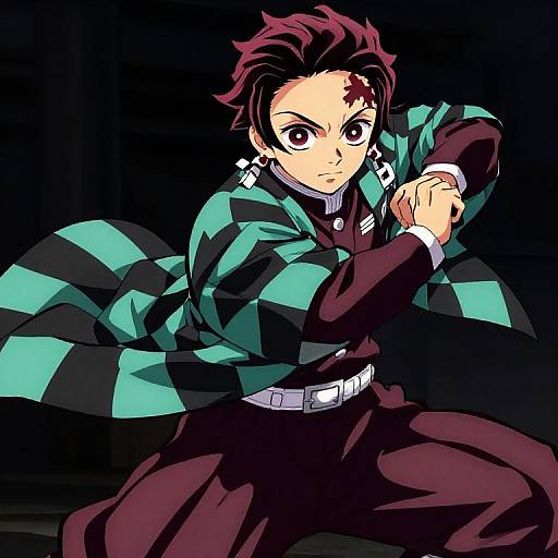 Digital anime drawing of a determined young man with red hair, wearing a green and black striped cloak, dark maroon jacket, and pants, kneeling against