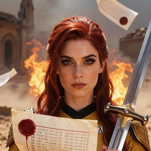 Photorealistic digital art of a red-haired woman with intense eyes, holding a letter and sword, amidst a fiery, war-torn background.