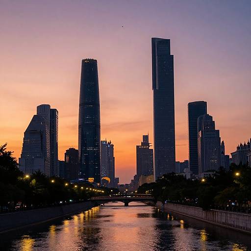Sunset Skyline with River Reflection