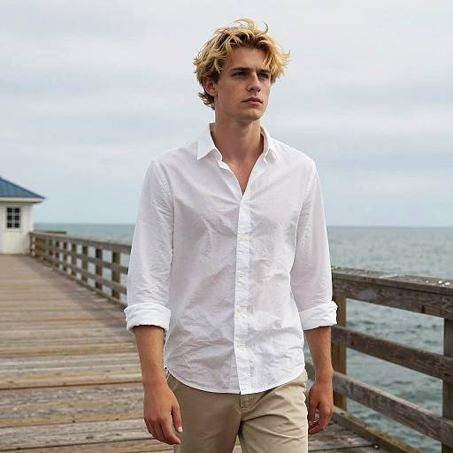 Young man with tousled blonde hair stands on wooden pier, wearing a white button-down shirt and beige pants, ocean in background.
