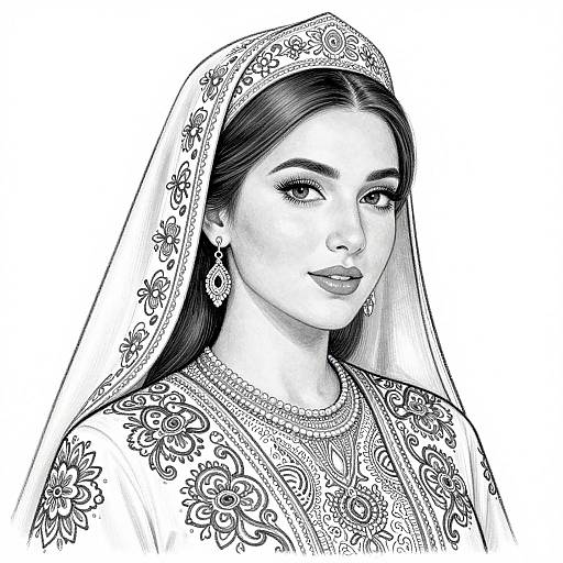 Digital black-and-white portrait of a beautiful woman with long dark hair, wearing an ornate embroidered veil and traditional jewelry.