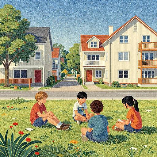 Digital illustration of four children playing in a grassy lawn with colorful flowers, surrounded by two-story suburban houses on a sunny day.