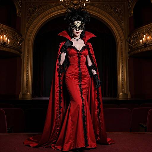 Gothic vampire woman in a red satin gown with black lace trim, dramatic black feathered headdress, and mask, standing in a dimly