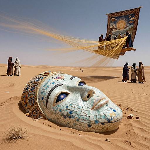 Photograph of a mosaic mask with blue and white tiles, lying in desert sand, with a colorful banner flying above, and people in traditional clothing gathered