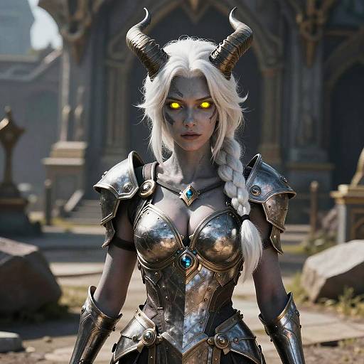 Digital artwork of a white-haired, glowing-yellow-eyed demon woman with black horns, wearing shiny silver armor, standing in a sunlit, ancient stone courtyard