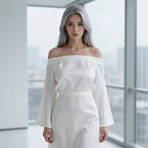 Photograph of a beautiful woman with long silver hair, wearing an off-shoulder white dress, standing in a bright, modern room with large windows