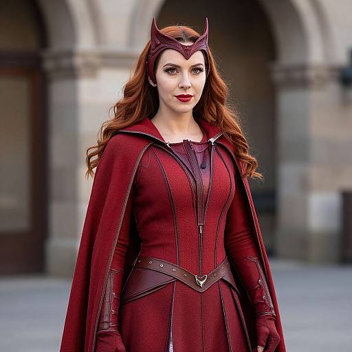 Photograph of a red-haired woman in a maroon superhero costume with a headpiece, standing in front of an arched stone building. Her confident