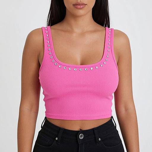 Photograph of a woman with tan skin, black straight hair, wearing a bright pink ribbed tank top with silver studs, and black high-wa