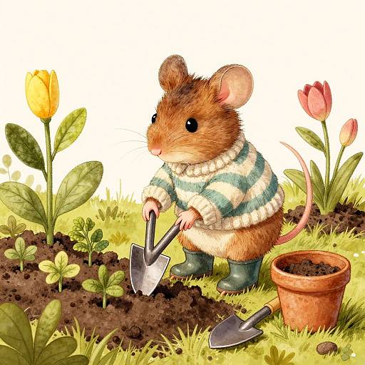 Cute watercolor illustration of a brown mouse in a green-striped sweater, gardening with trowel and shovel, surrounded by yellow and pink tulips