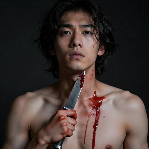Shirtless Young Man Holding Bloody Knife to Neck