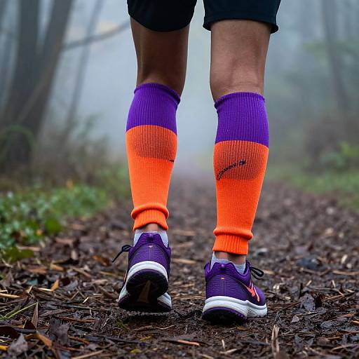 Photograph of a person's legs in bright orange and purple knee-high socks, purple sneakers, black shorts, standing on a foggy forest path with
