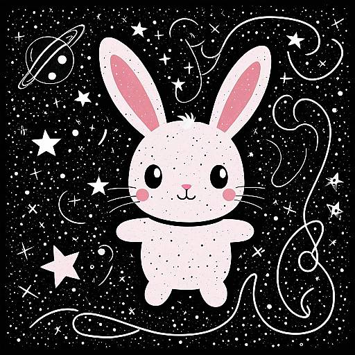 Cute Pink Bunny in Outer Space Illustration