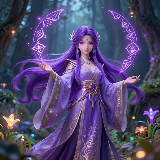 Digital art of a mystical purple-haired woman in flowing robes, casting glowing magical runes in a enchanted forest with glowing flowers.