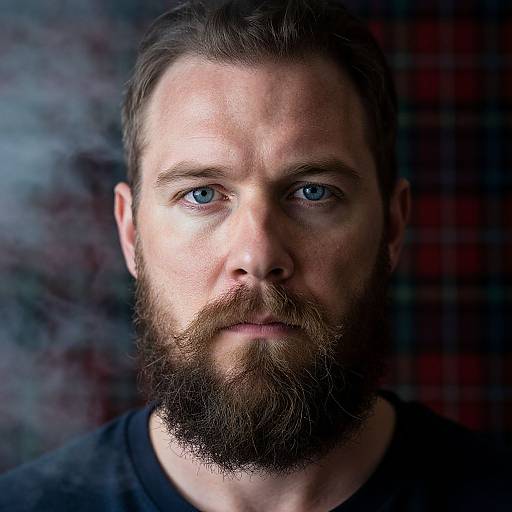 Photograph of a bearded man with blue eyes, short brown hair, and serious expression, wearing a black shirt against a smoky, dark pl