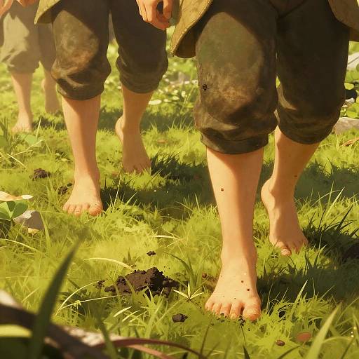Photograph of barefoot children in green camouflage pants walking on sunlit grass, with small dark patches visible on the ground.