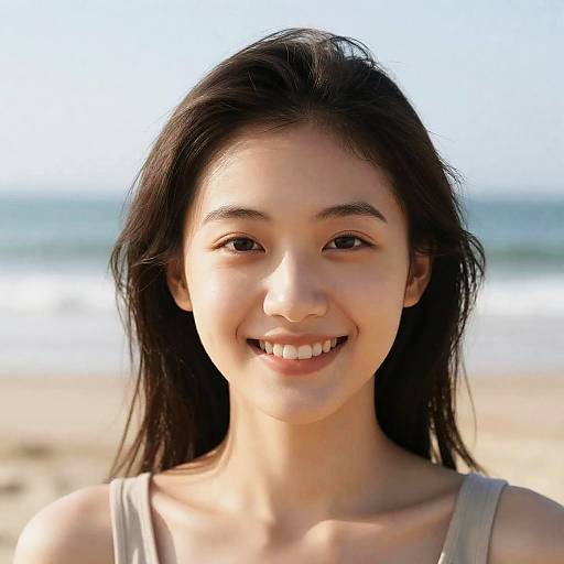 Hyperrealistic Portrait of Happy Girl at Beach