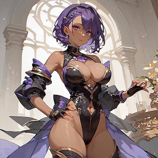 Digital anime-style illustration of a curvaceous, purple-haired woman in a revealing black and purple outfit, holding flowers, standing in a sunlit,