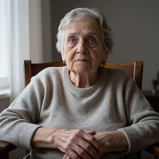 Photograph of an elderly woman with white hair, blue eyes, and wrinkled skin, wearing a gray knitted sweater, sitting in a wooden chair