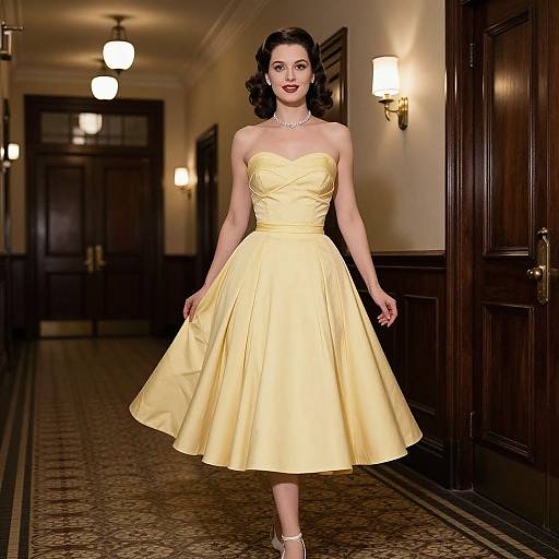 Photograph of a fair-skinned woman with dark hair in a vintage-style yellow, strapless, knee-length dress, walking down a dimly lit