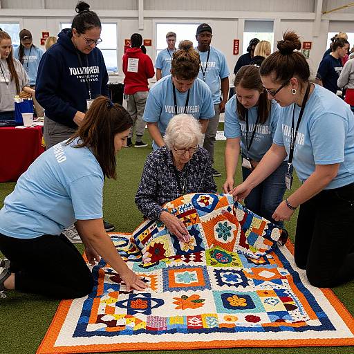 Photograph of a group of volunteers, including an elderly woman with white hair, assembling a colorful quilt in a brightly lit indoor event space.