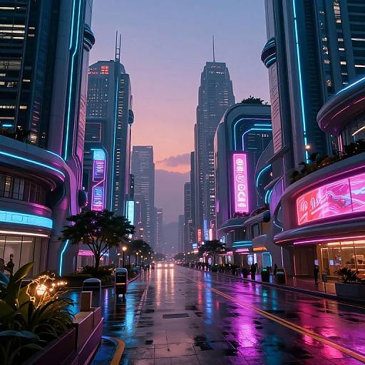Neon-lit, futuristic city street at dusk with rain-soaked pavement, towering skyscrapers, and vibrant pink, blue, and purple neon