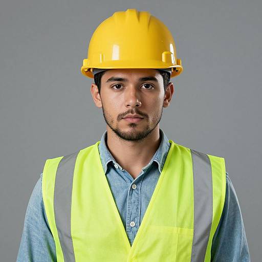 Photograph of a young, light-skinned male construction worker with a beard, wearing a yellow hard hat and bright yellow safety vest over a blue button