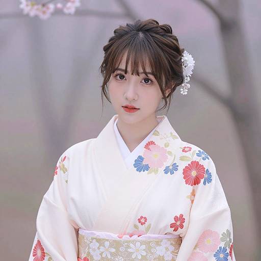 Young Asian Woman in Floral Kimono