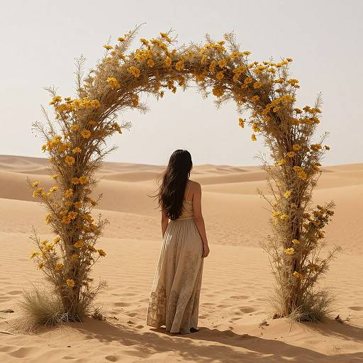 Photograph of a woman with long black hair, wearing a beige dress, standing before a yellow-flowered arch in a sunlit desert.