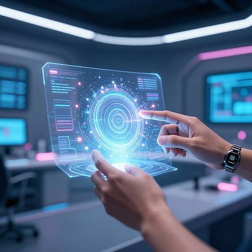 Photograph of hands interacting with a glowing, holographic interface in a futuristic control room with neon lights and blurred monitors.