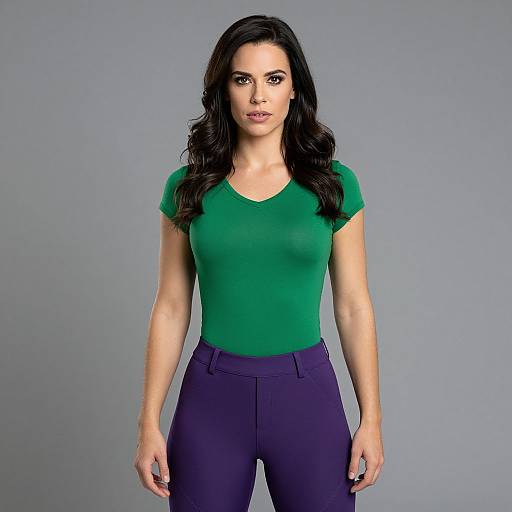 Photograph of a fit, brunette woman with long wavy hair, wearing a green short-sleeve top and navy pants, standing against a plain