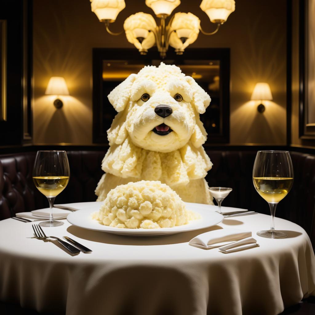 Whimsical Dog Sculpture in Mashed Potatoes