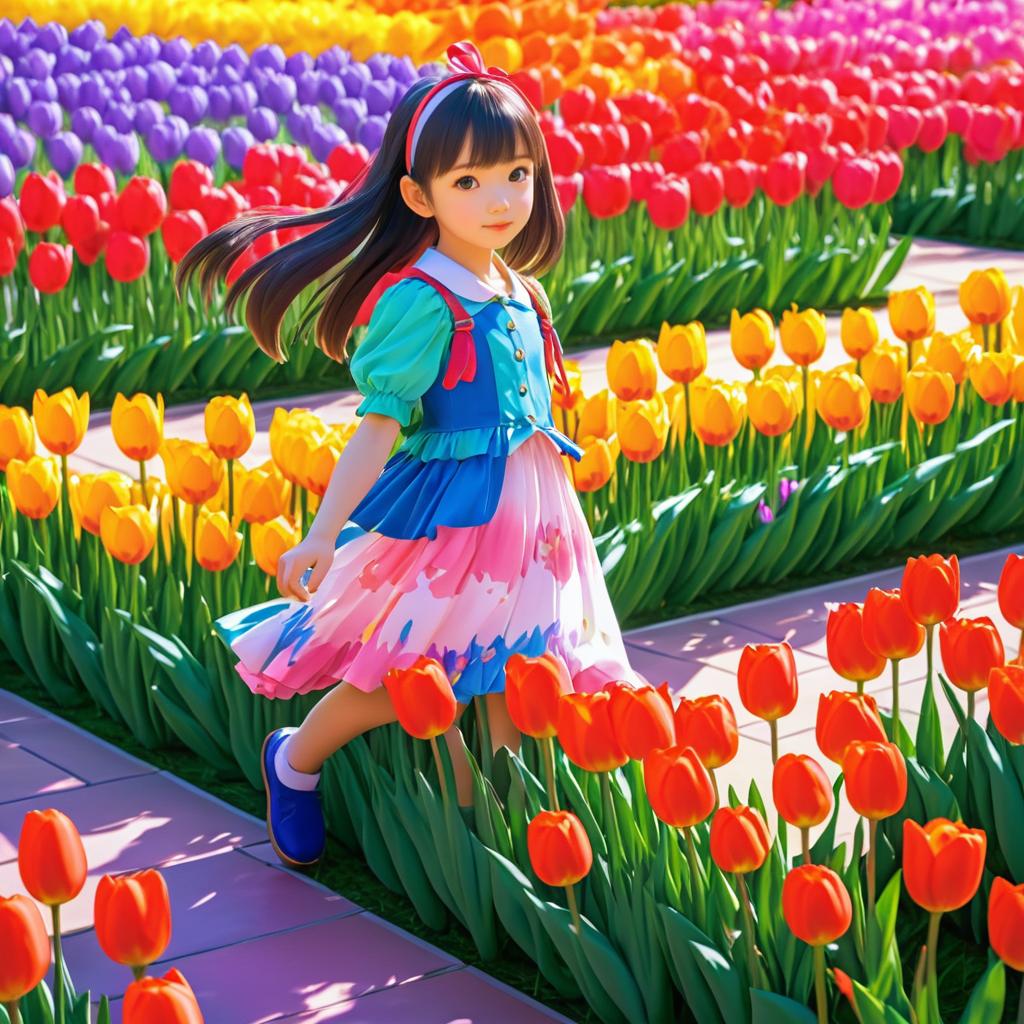 Anime Girl Strolling Through Vibrant Tulips