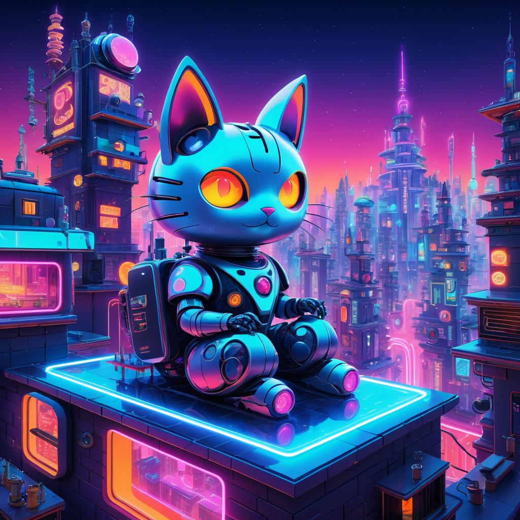 Whimsical Robot in Neon Cityscape