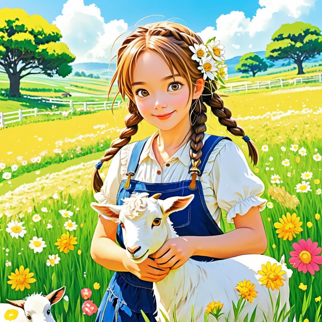 Cheerful Farm Girl and Playful Goat