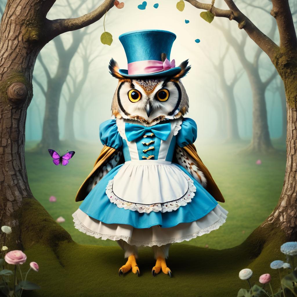 Whimsical Owl as Alice in Wonderland