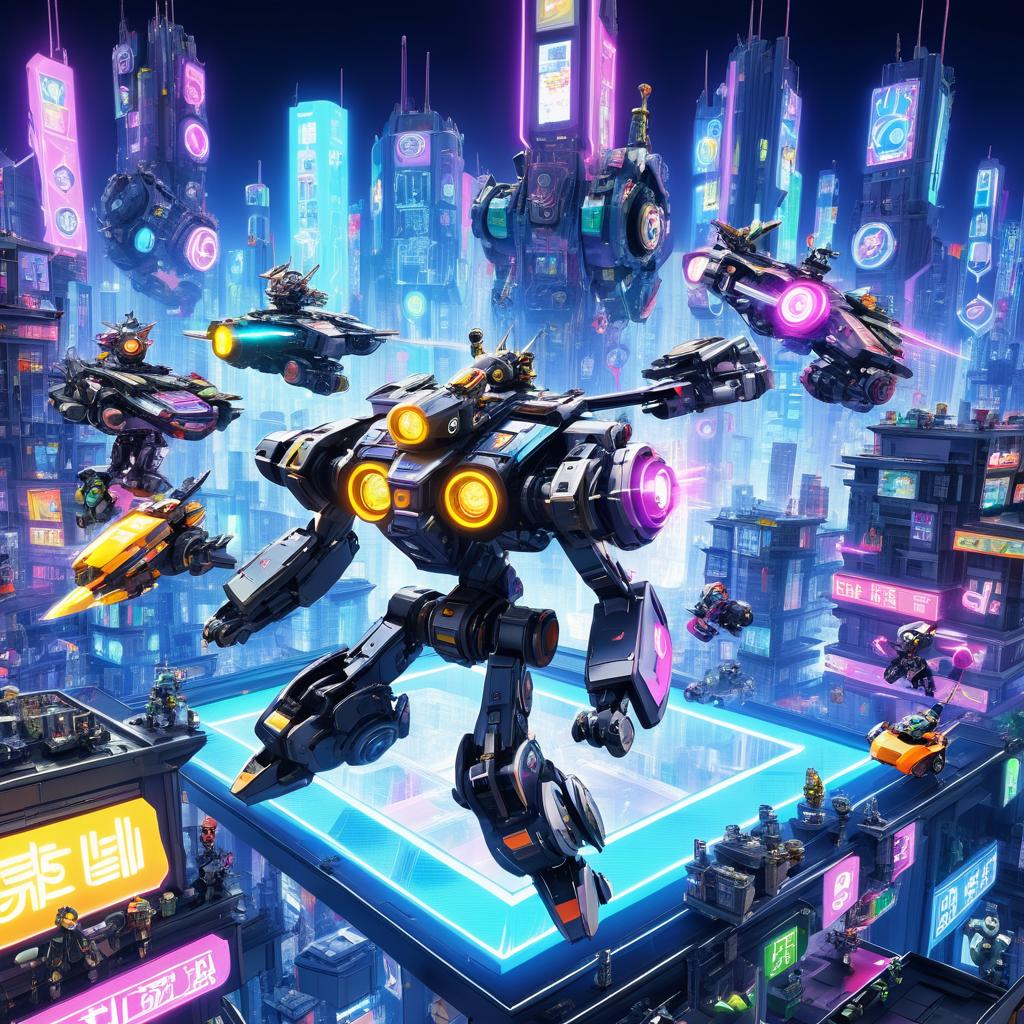 Whimsical Robot Gang Race in Futuristic City