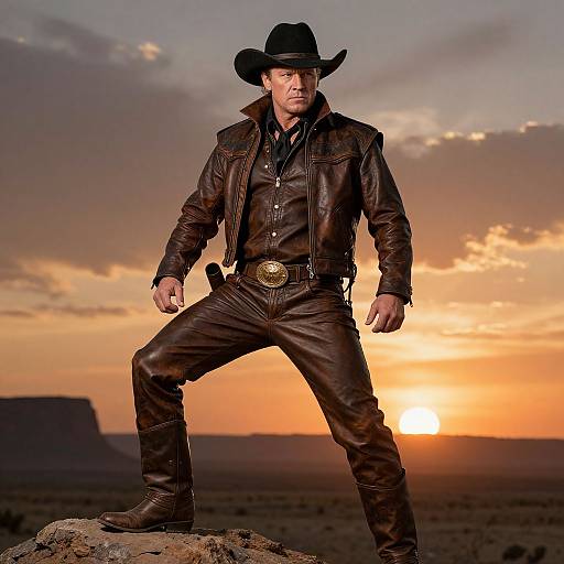 Photograph of a rugged white male cowboy in brown leather outfit, black hat, and belt with golden buckle, standing on rock at sunset in desert landscape