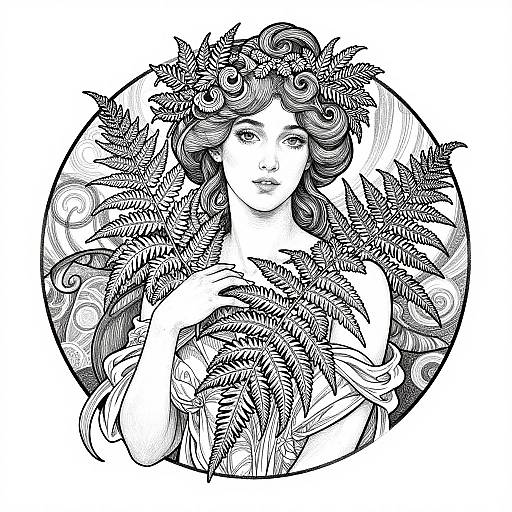 Intricate black-and-white ink drawing of a serene, fair-skinned woman with flowing hair, surrounded by detailed leaves and fish, framed within a